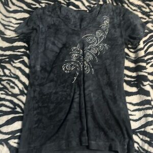 dark blue thrifted shirt with rhinestones cut sleeves